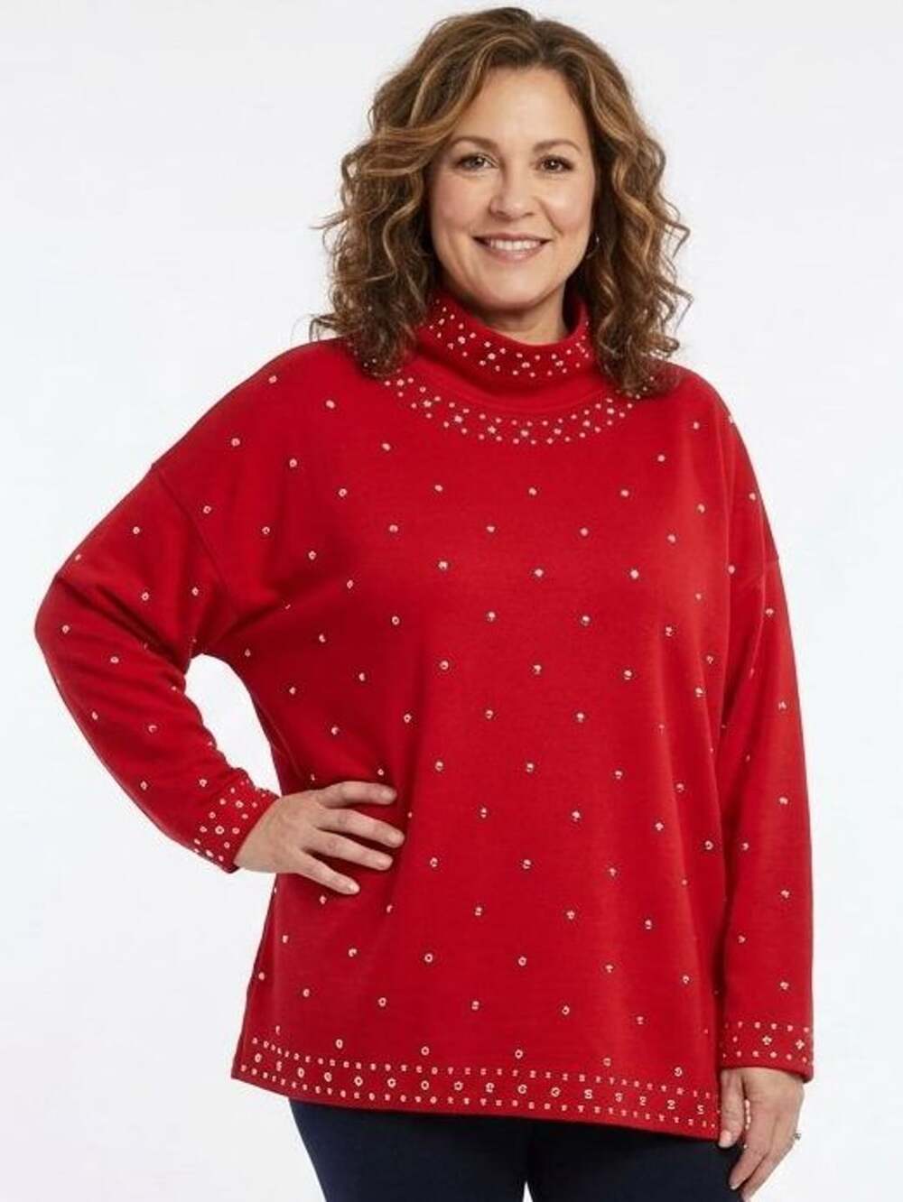 Ruby Rd. Mock Neck Sweater Size 3X Red Gold Stud Embellished Turtleneck